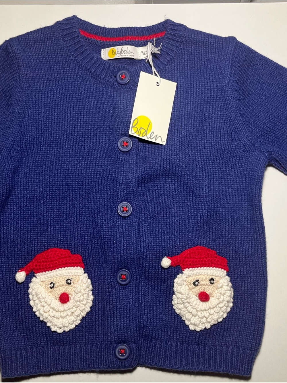 Baby Boden Navy Blue Christmas Santa Cardigan 18-24 NWT